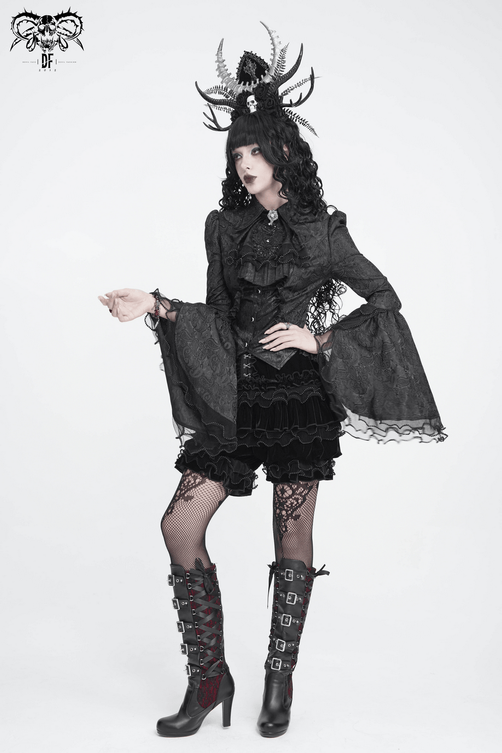 Elegant Alternative Jacquard Blouse with Bell Sleeves