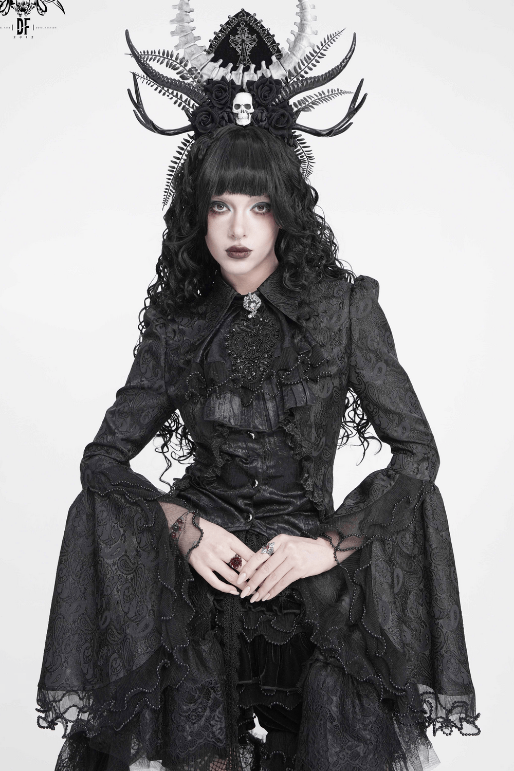 Elegant Alternative Jacquard Blouse with Bell Sleeves