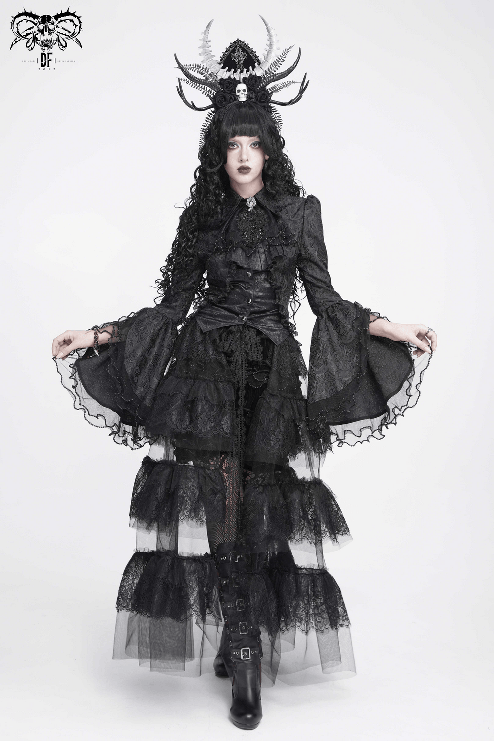 Elegant Alternative Jacquard Blouse with Bell Sleeves