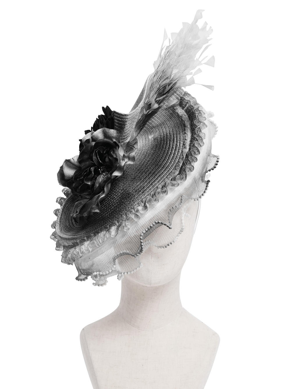 Elegant Black and White Floral Fascinator Hat with Feathers
