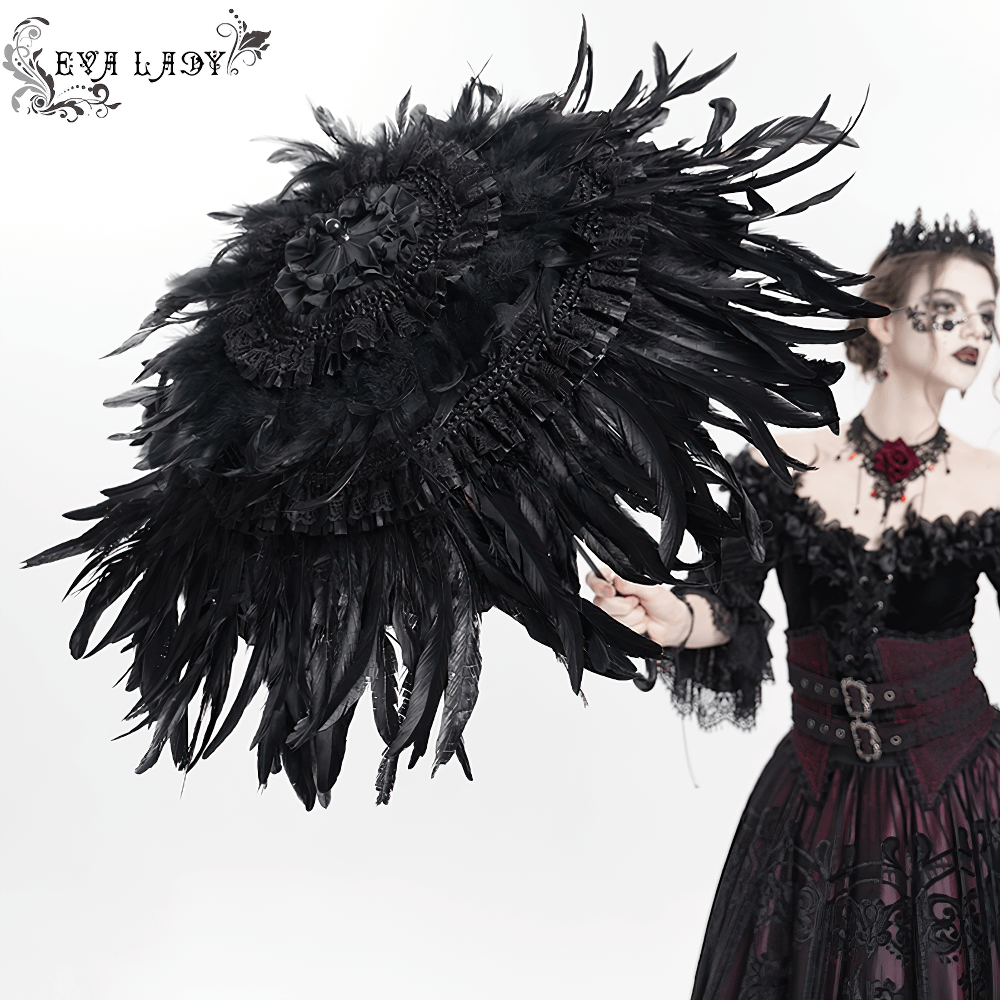 Elegant Black Feathered Gothic Umbrella with Beaded Detail