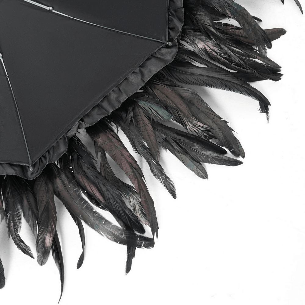 Elegant Black Feathered Gothic Umbrella with Beaded Detail
