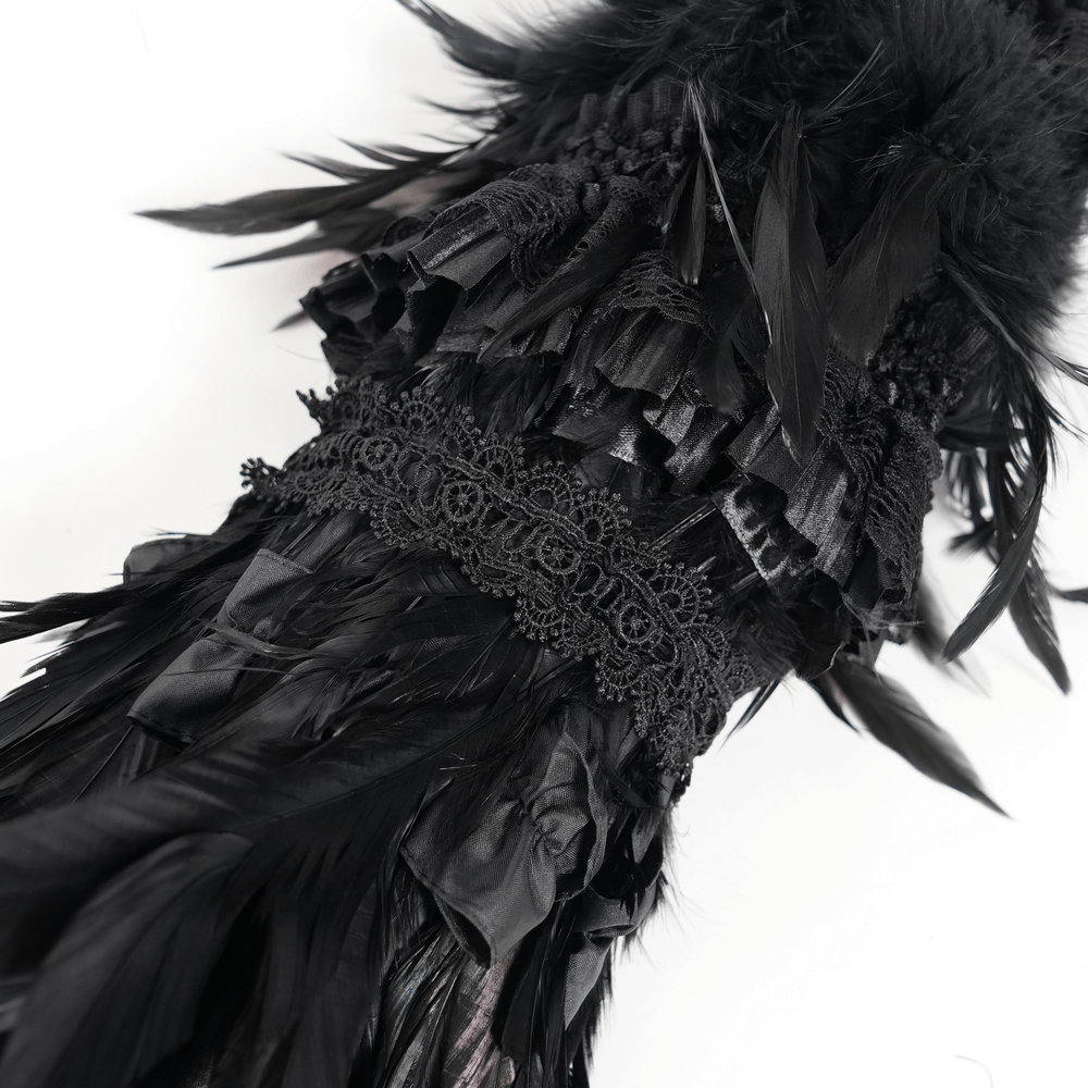 Elegant Black Feathered Gothic Umbrella with Beaded Detail