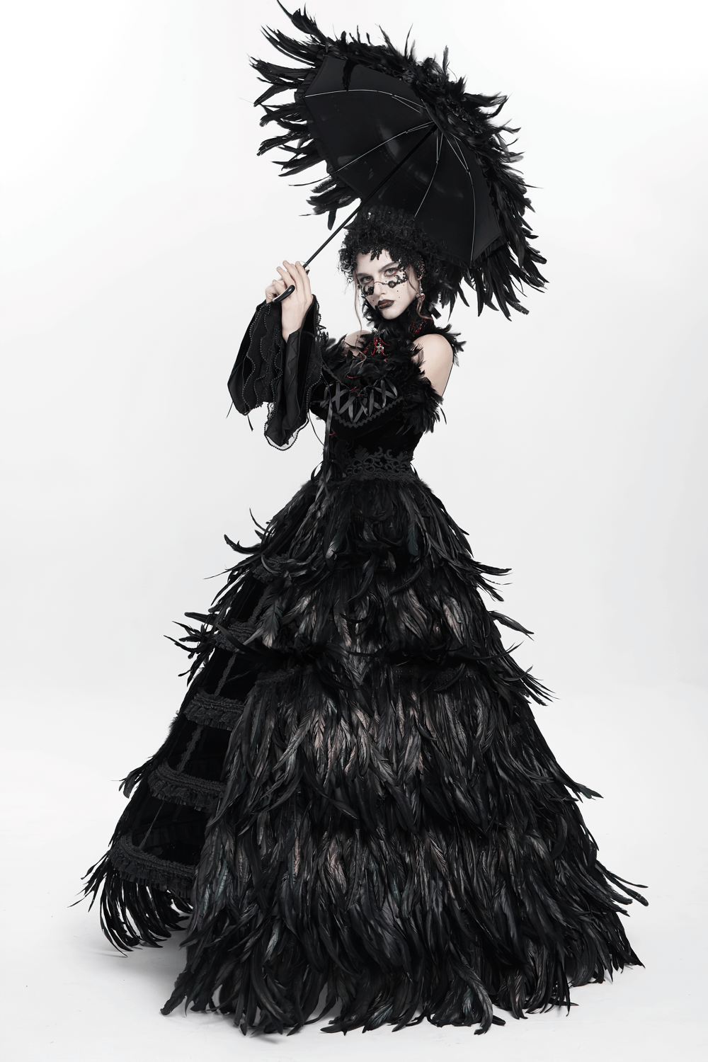 Elegant Black Feathered Gothic Umbrella with Beaded Detail