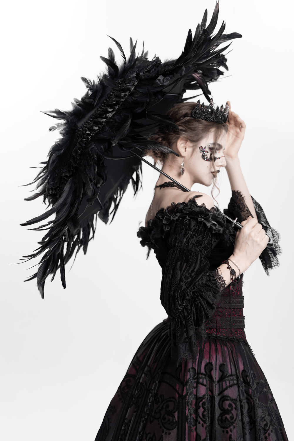Elegant Black Feathered Gothic Umbrella with Beaded Detail
