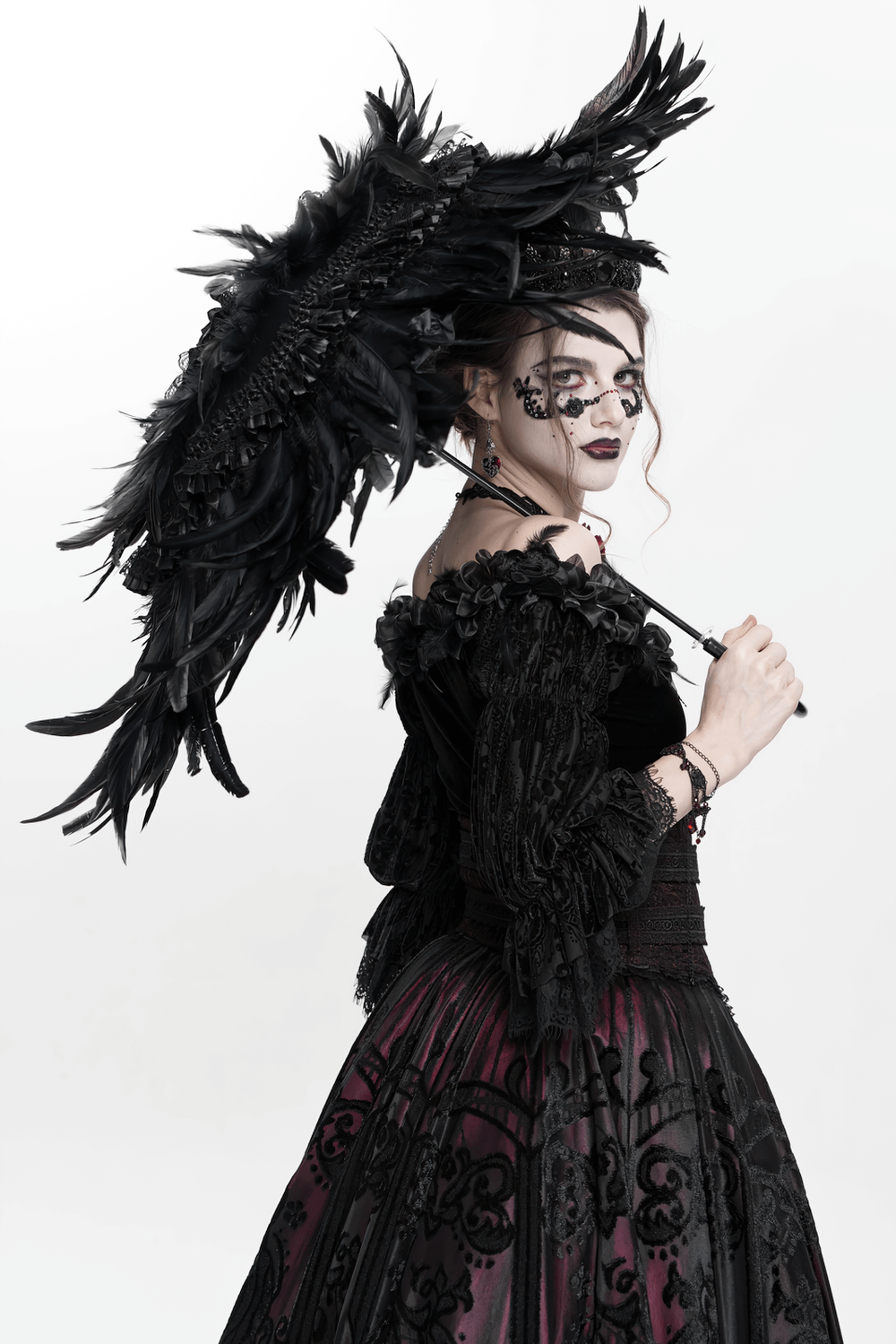 Elegant Black Feathered Gothic Umbrella with Beaded Detail