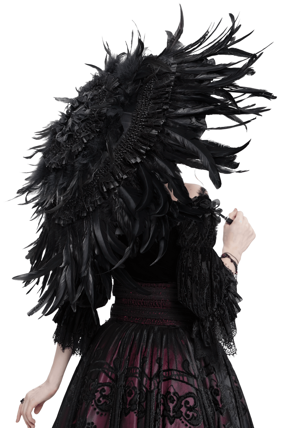 Elegant Black Feathered Gothic Umbrella with Beaded Detail