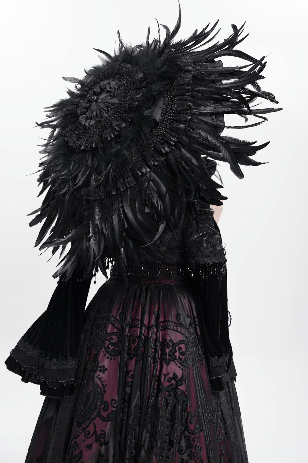 Elegant Black Feathered Gothic Umbrella with Beaded Detail
