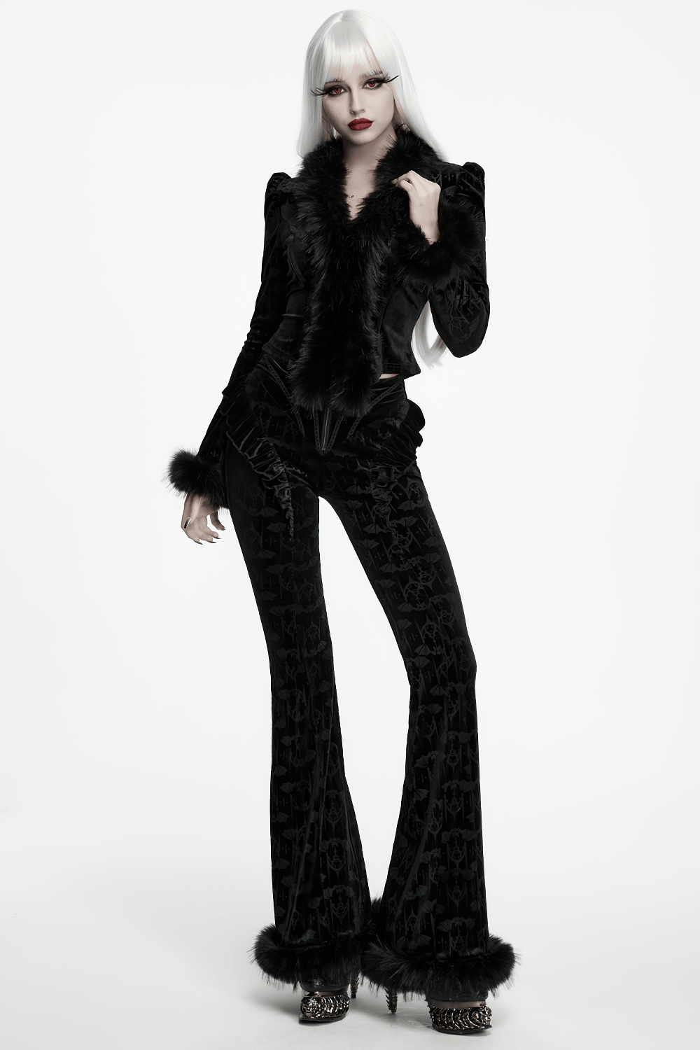 Elegant Black Gothic Bat Velvet Jacket with Faux Fur Trim