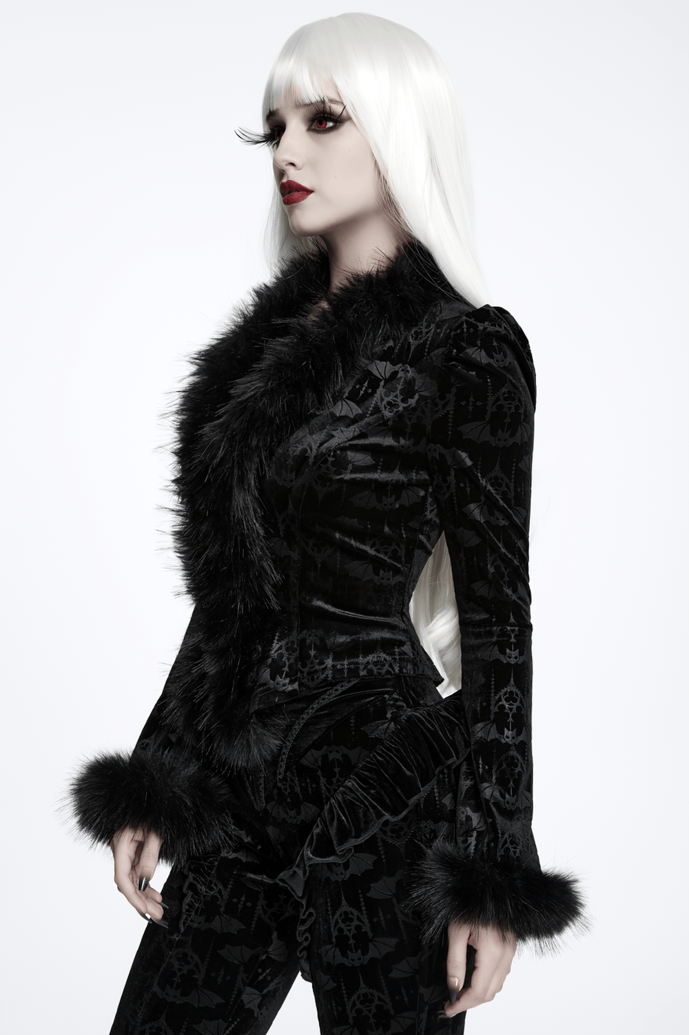 Elegant Black Gothic Bat Velvet Jacket with Faux Fur Trim