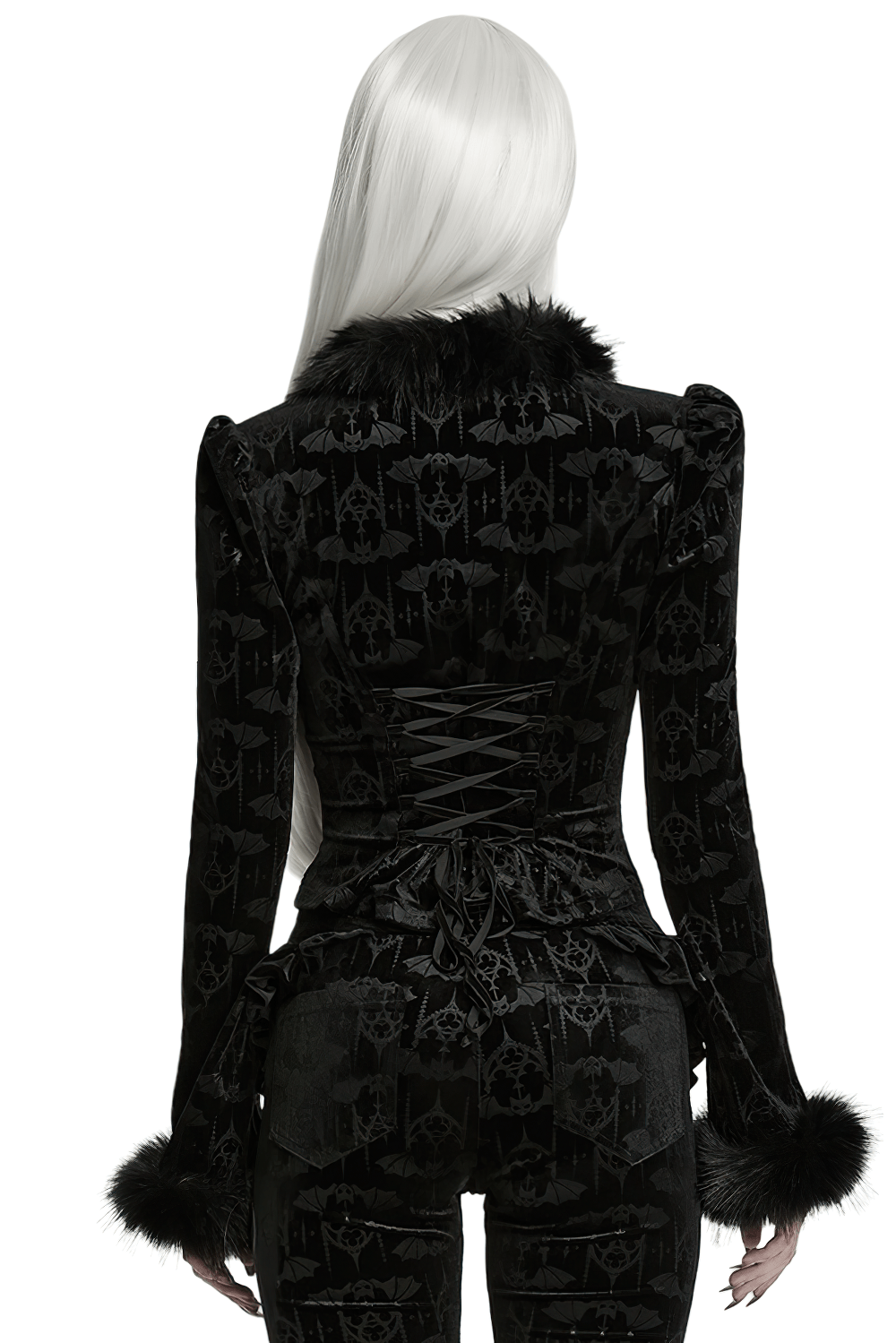 Elegant Black Gothic Bat Velvet Jacket with Faux Fur Trim