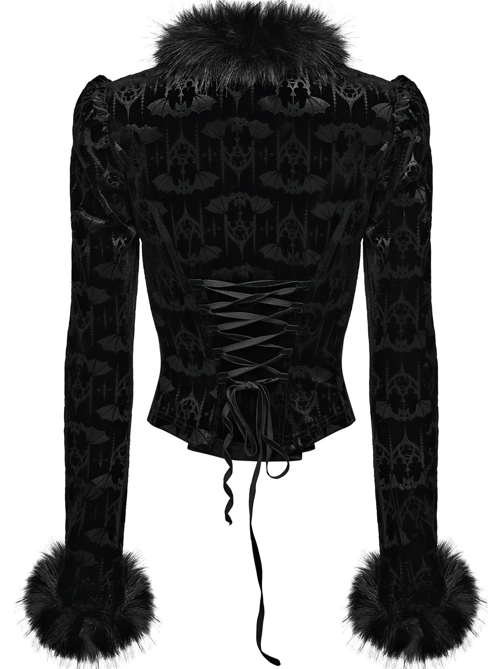 Elegant Black Gothic Bat Velvet Jacket with Faux Fur Trim