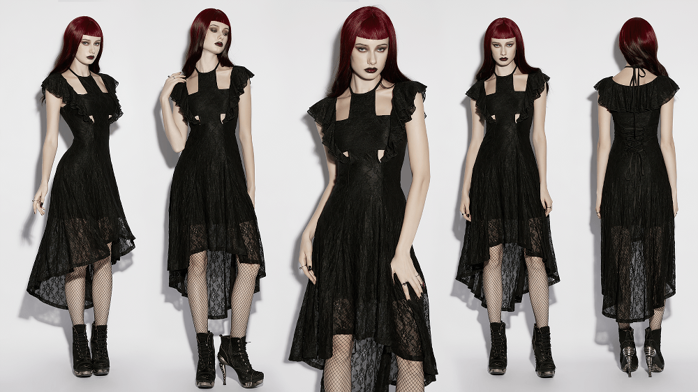 Elegant Black Gothic Lace High Low Hollow Ruffle Dress