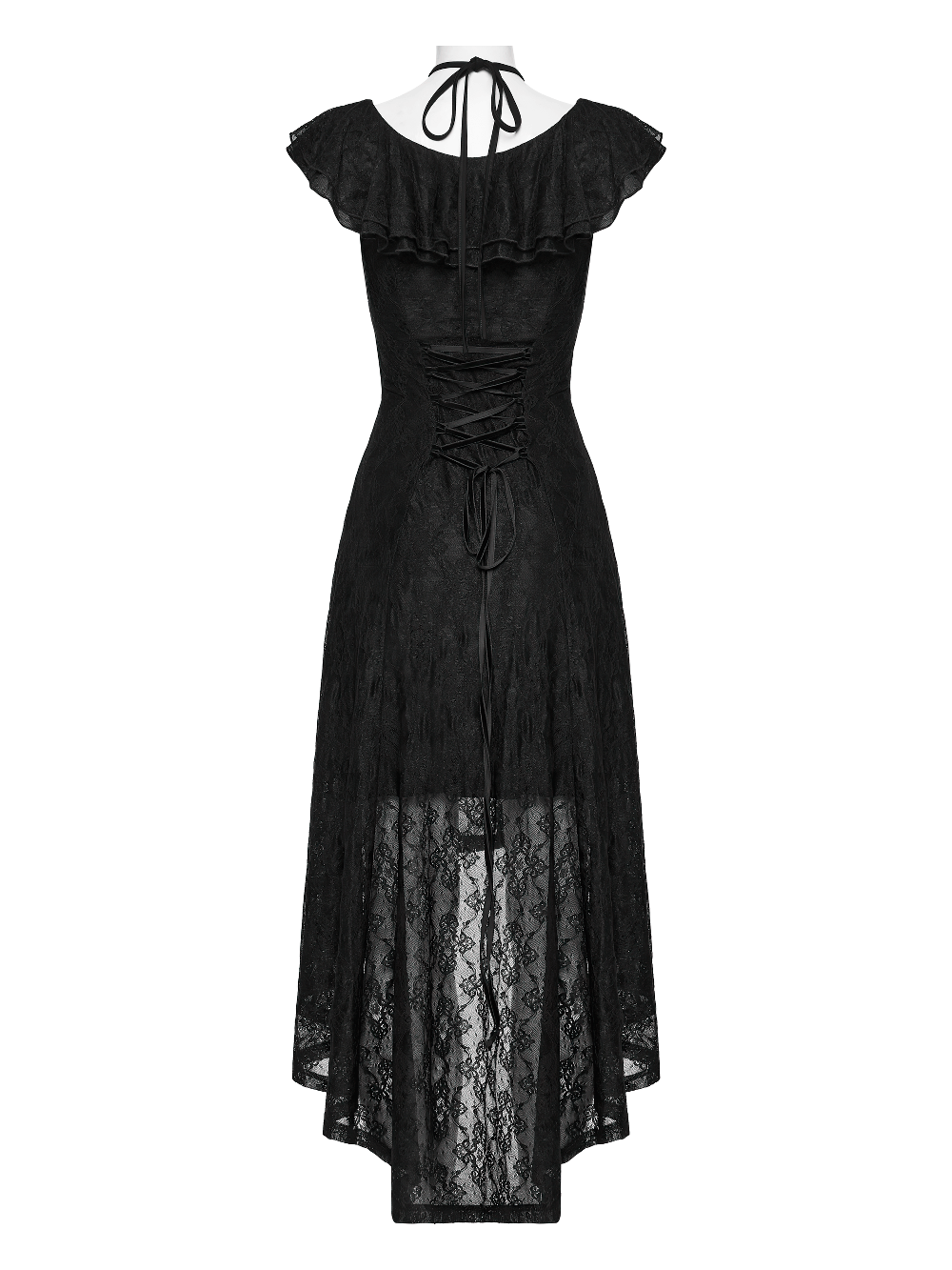 Elegant Black Gothic Lace High Low Hollow Ruffle Dress