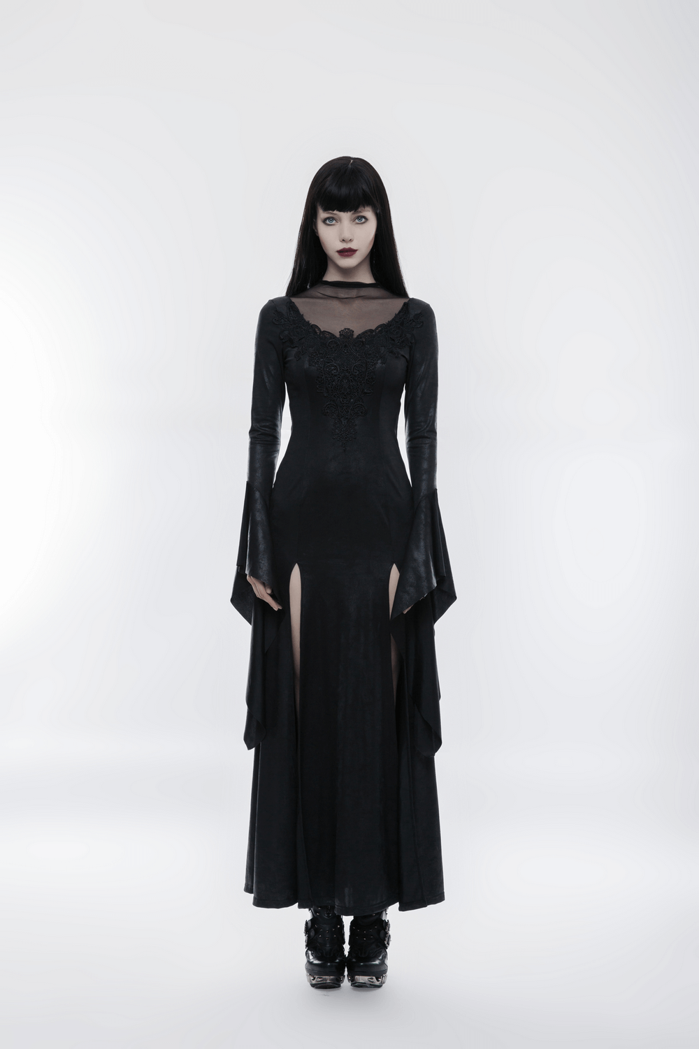 Elegant Black Gothic Mesh Lace High Slit Witch Dress