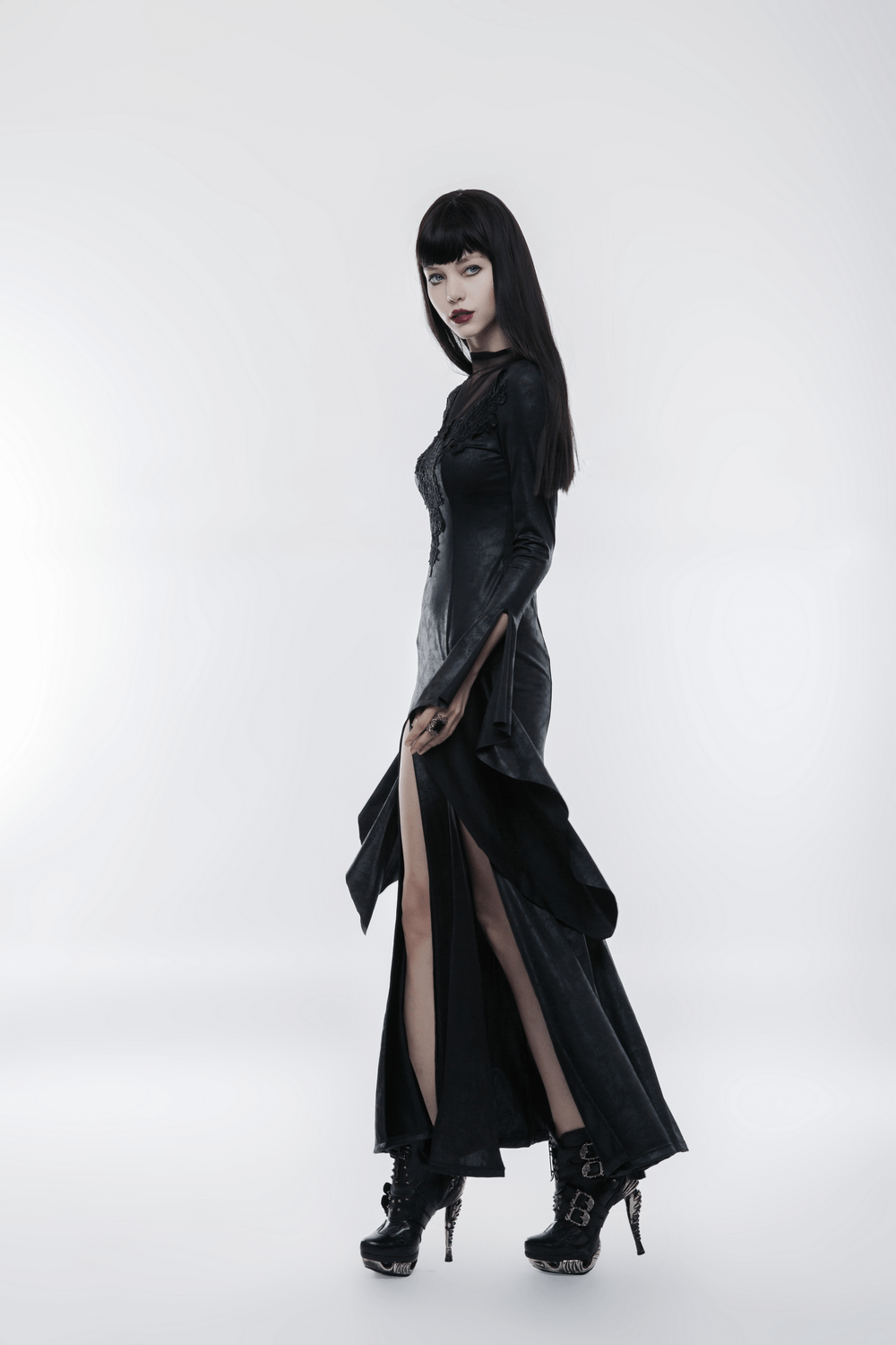 Elegant Black Gothic Mesh Lace High Slit Witch Dress