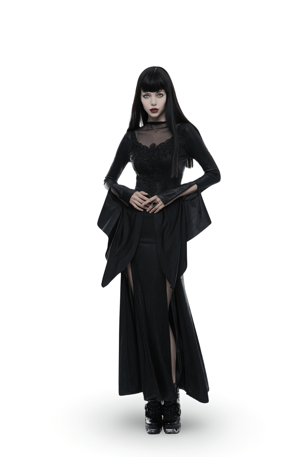 Elegant Black Gothic Mesh Lace High Slit Witch Dress