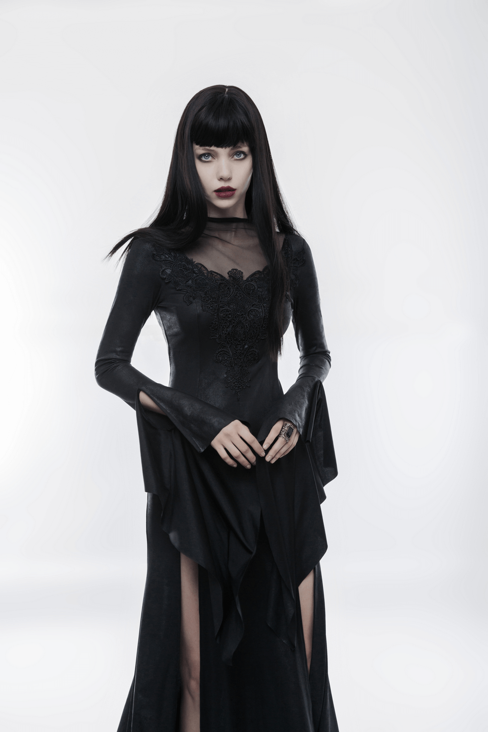 Elegant Black Gothic Mesh Lace High Slit Witch Dress