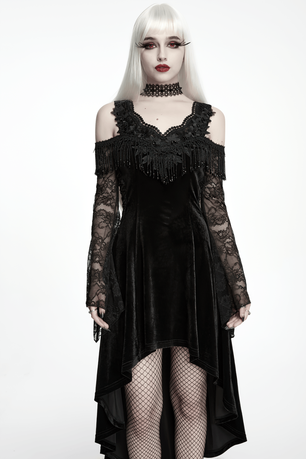 Elegant Black Gothic Velvet High-Low Dress with Lace Sleeves