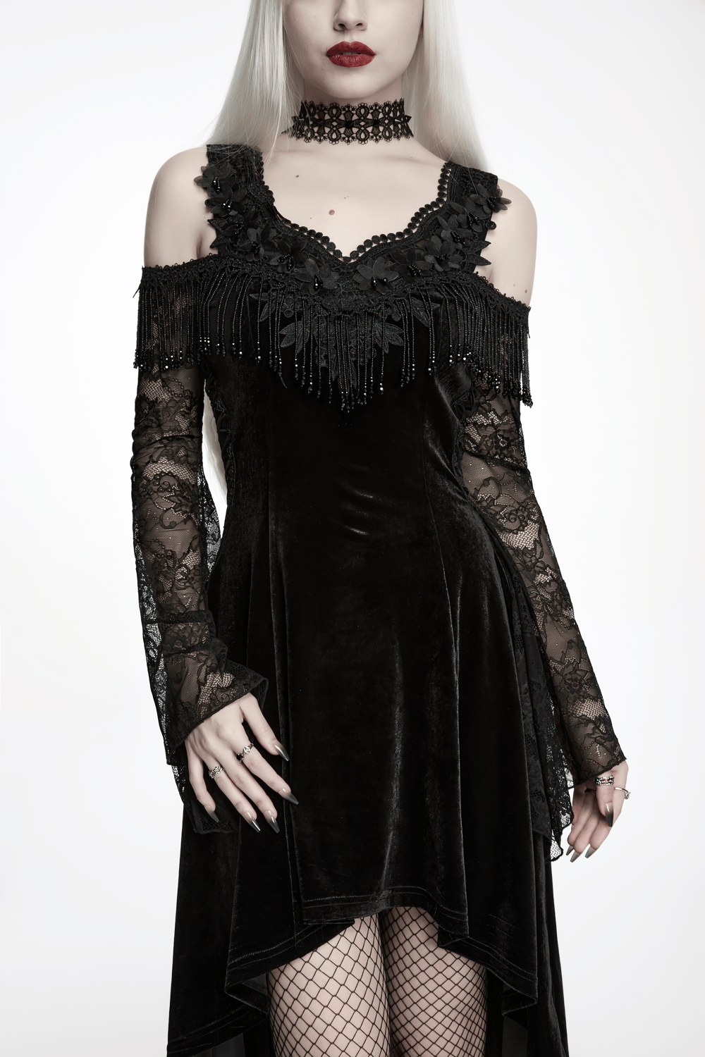 Elegant Black Gothic Velvet High-Low Dress with Lace Sleeves