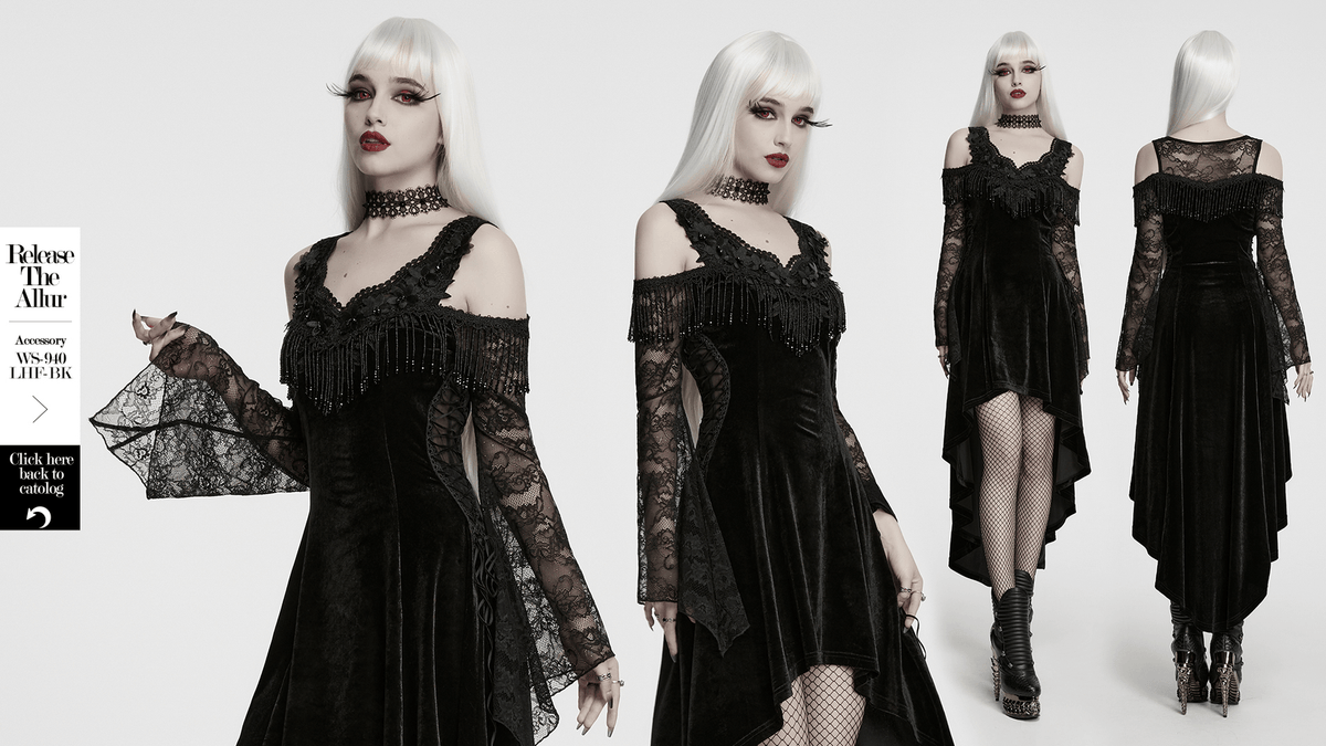 Elegant Black Gothic Velvet High-Low Dress with Lace Sleeves