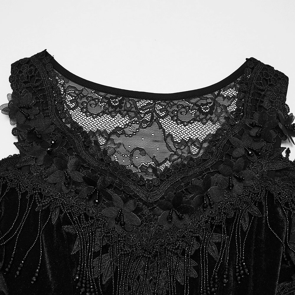 Elegant Black Gothic Velvet High-Low Dress with Lace Sleeves