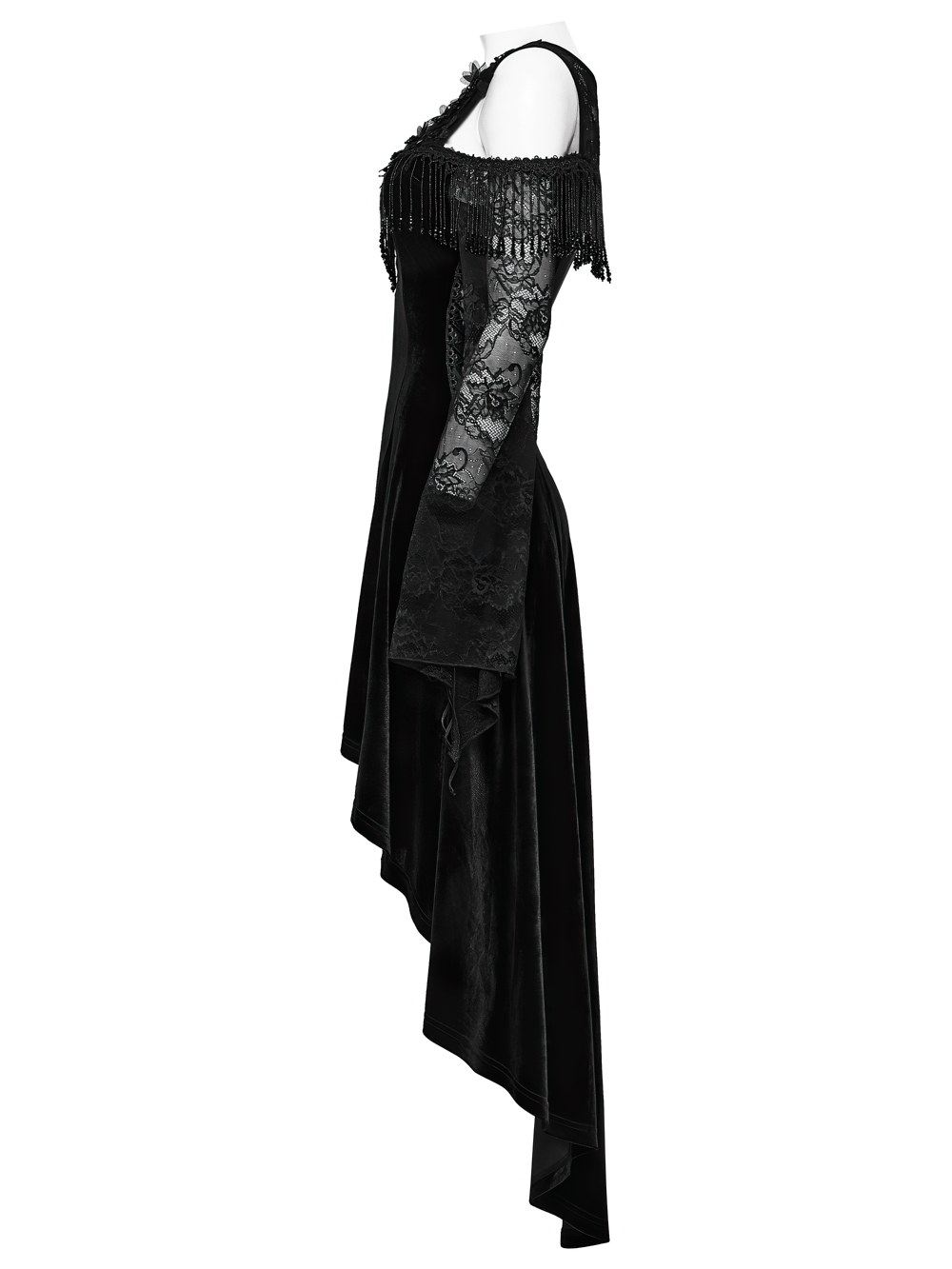 Elegant Black Gothic Velvet High-Low Dress with Lace Sleeves