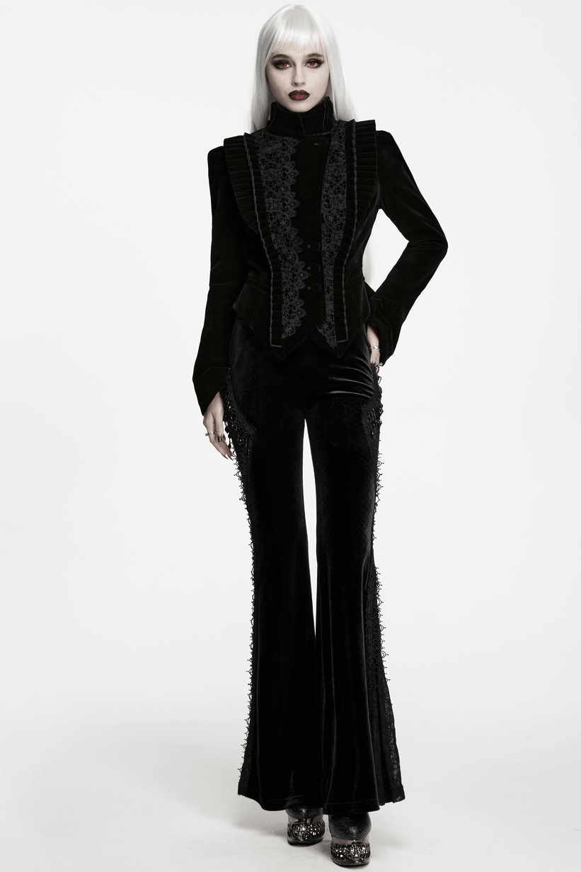 Elegant Black Gothic Velvet Jacket with Lace Detail