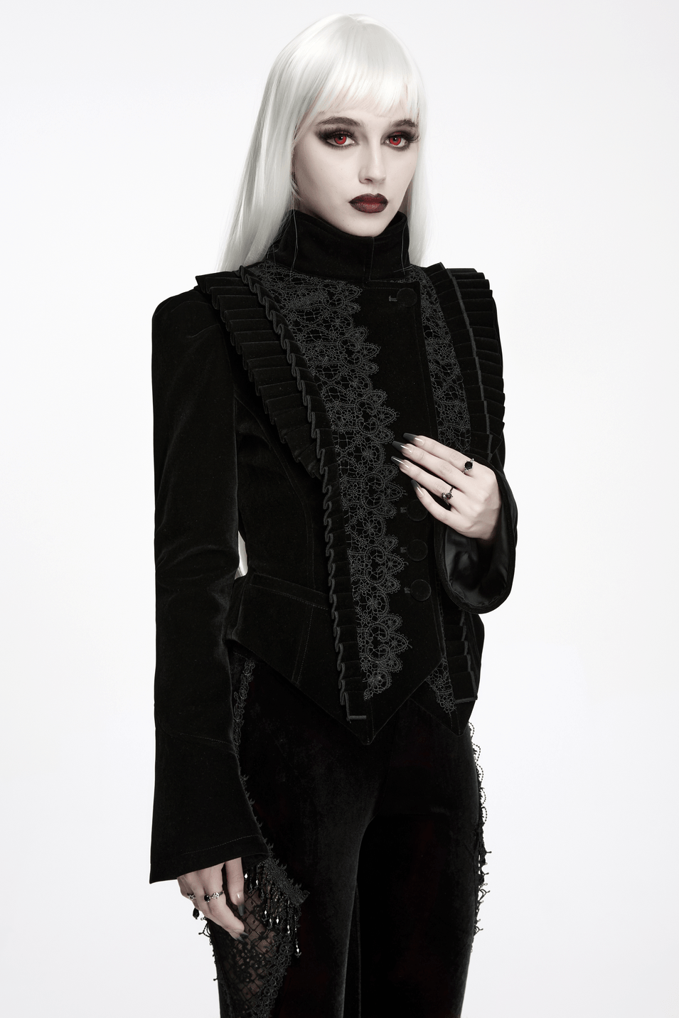 Elegant Black Gothic Velvet Jacket with Lace Detail