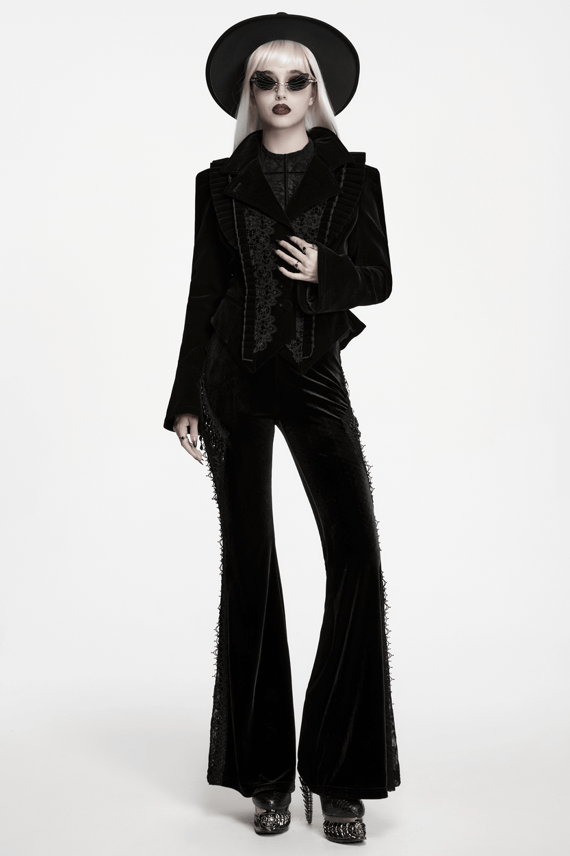 Elegant Black Gothic Velvet Jacket with Lace Detail