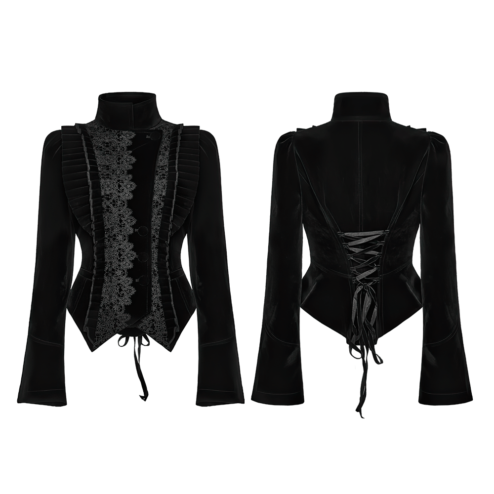 Elegant Black Gothic Velvet Jacket with Lace Detail