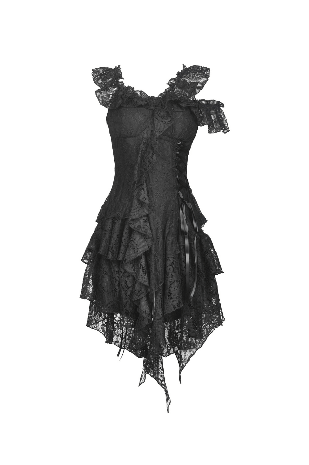 UK SALE of Elegant Black Lace Dress With Ribbon Accents And Sheer Overlay
