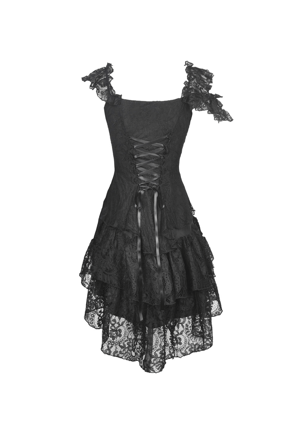 UK SALE of Elegant Black Lace Dress With Ribbon Accents And Sheer Overlay