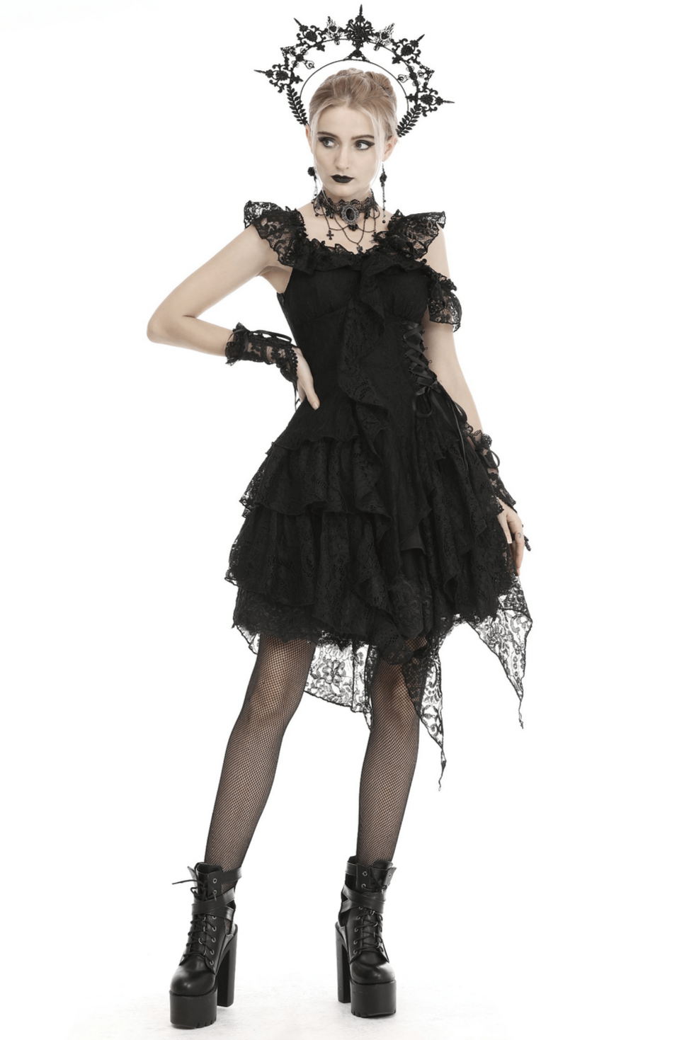 UK SALE of Elegant Black Lace Dress With Ribbon Accents And Sheer Overlay