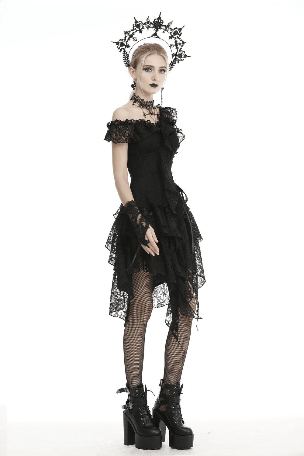 UK SALE of Elegant Black Lace Dress With Ribbon Accents And Sheer Overlay