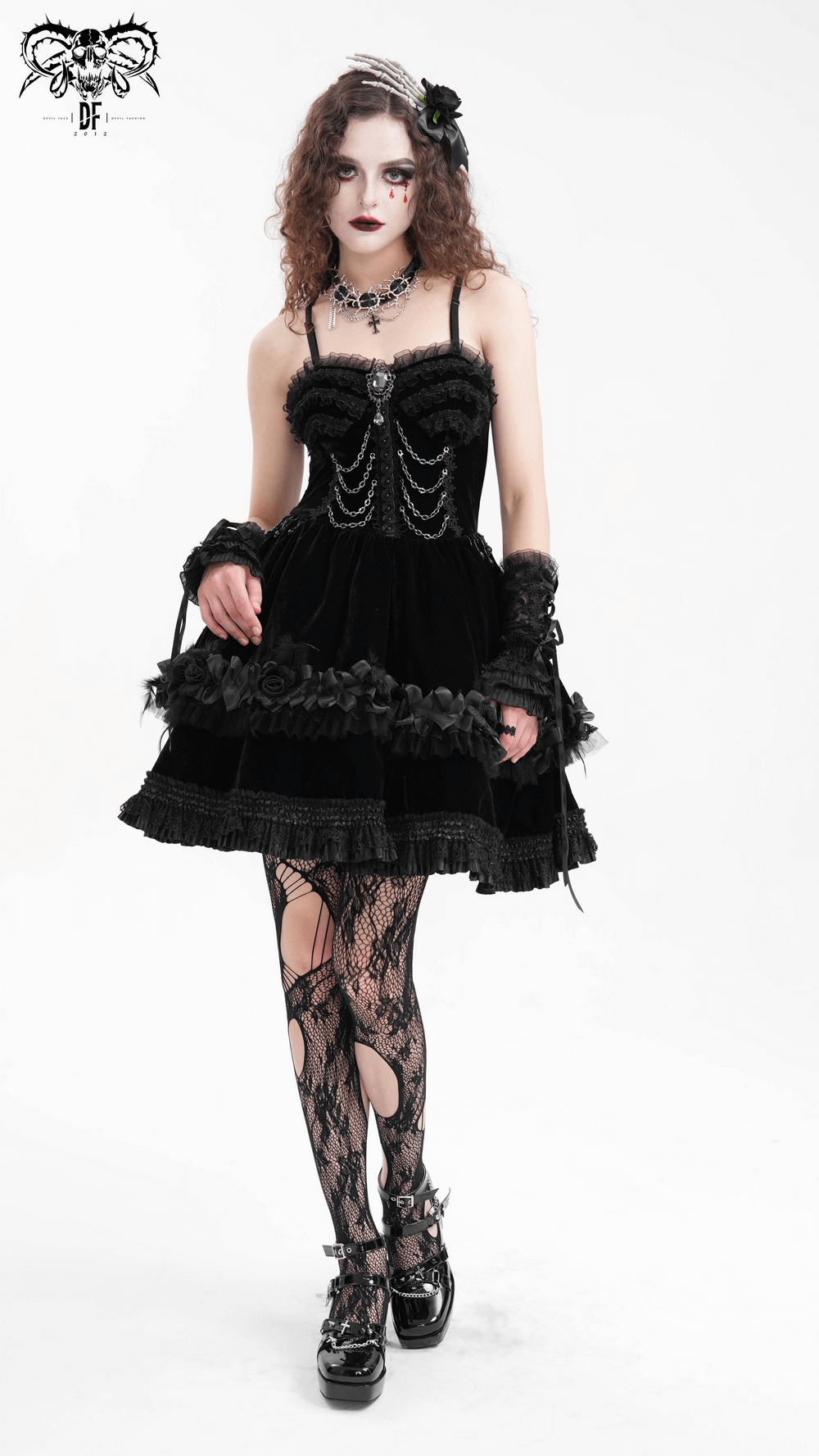 Elegant Black Lace Evening Dress with Beads and Chains