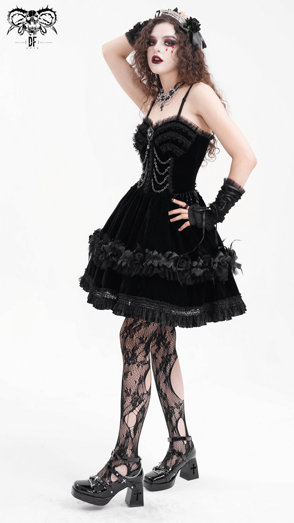 Elegant Black Lace Evening Dress with Beads and Chains