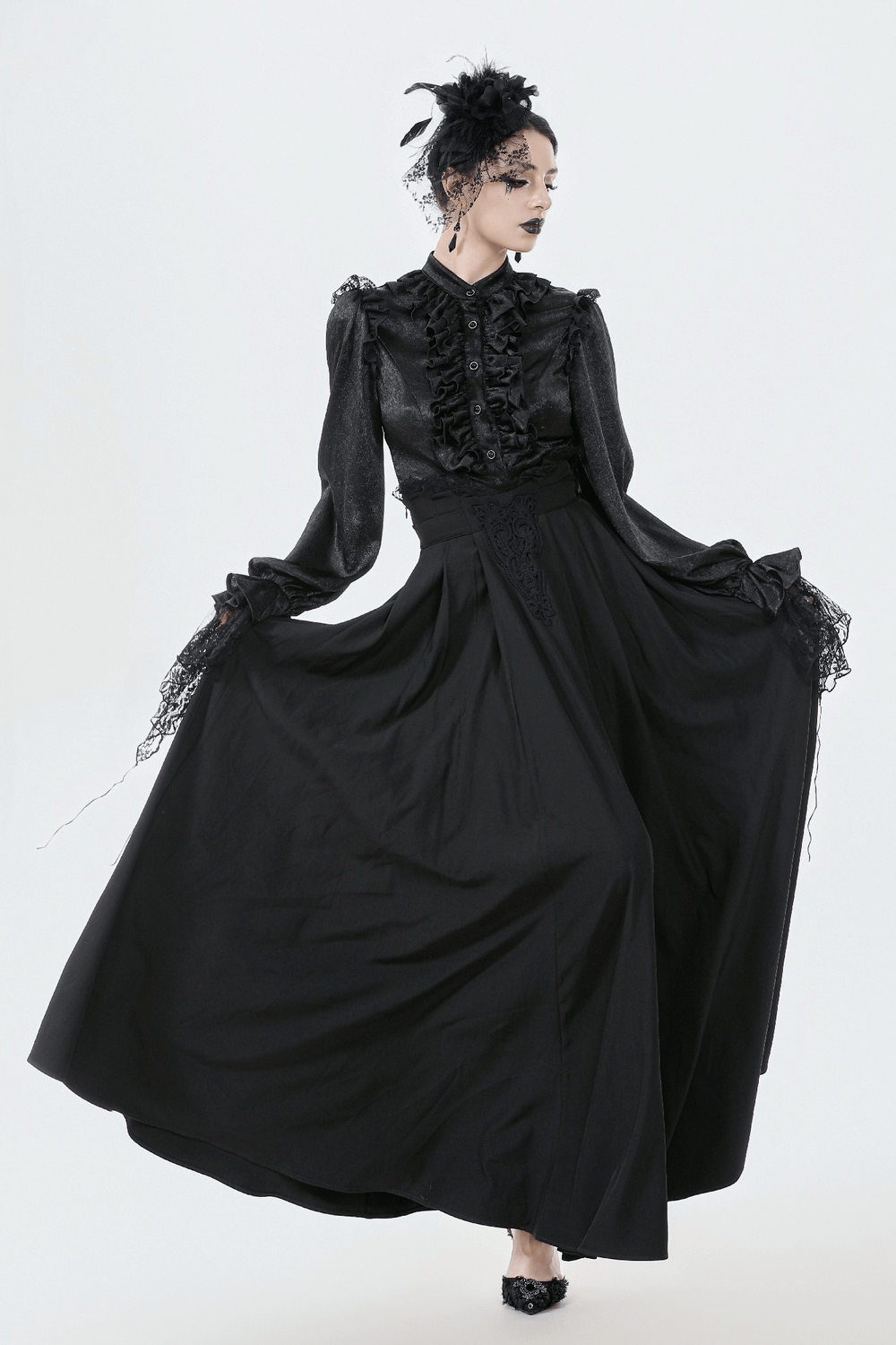 Elegant Black Maxi Skirt with Lace Back and Bow Detail