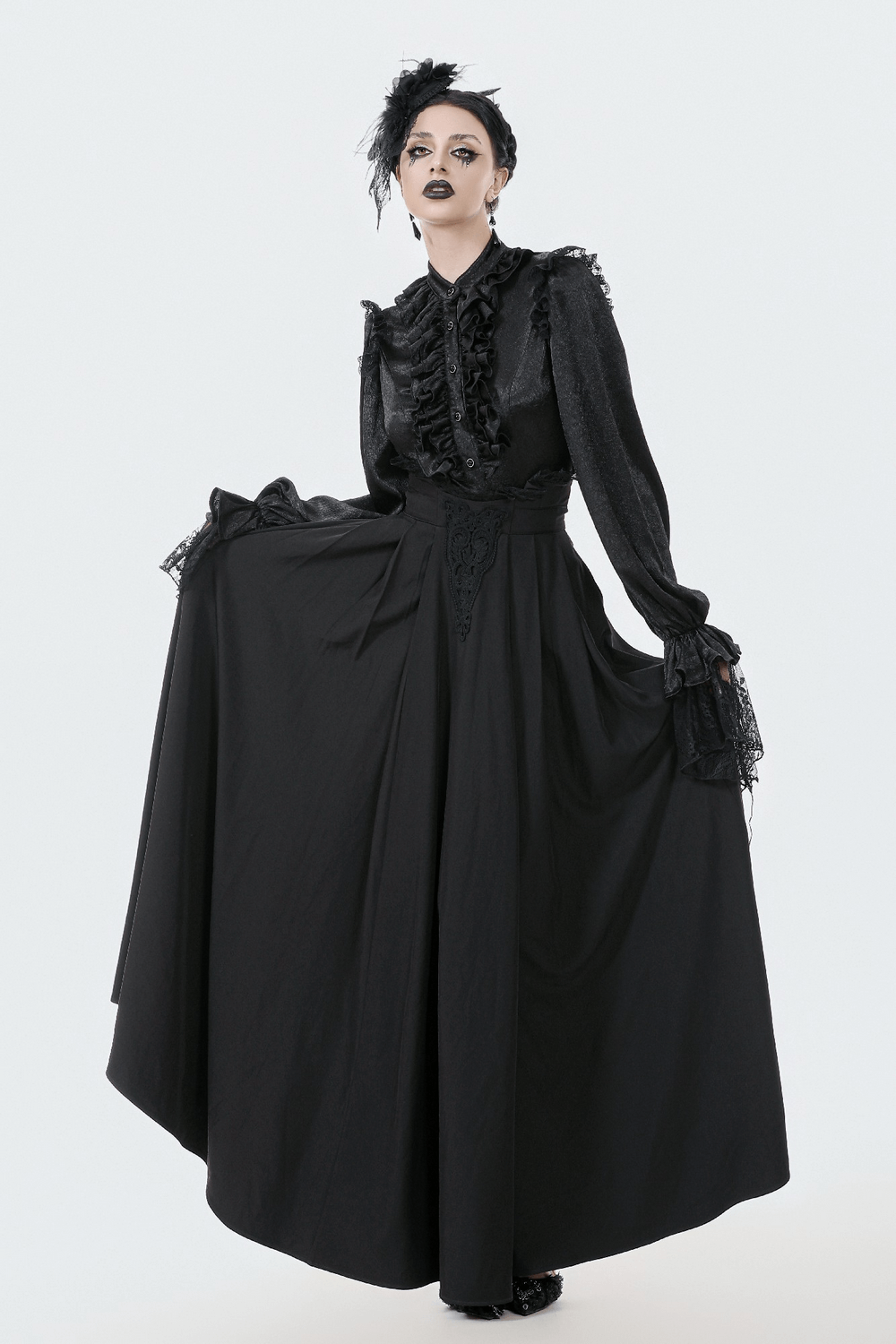 Elegant Black Maxi Skirt with Lace Back and Bow Detail