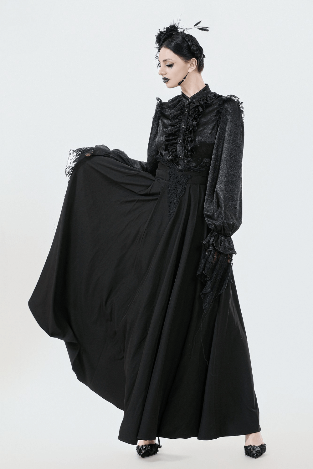 Elegant Black Maxi Skirt with Lace Back and Bow Detail