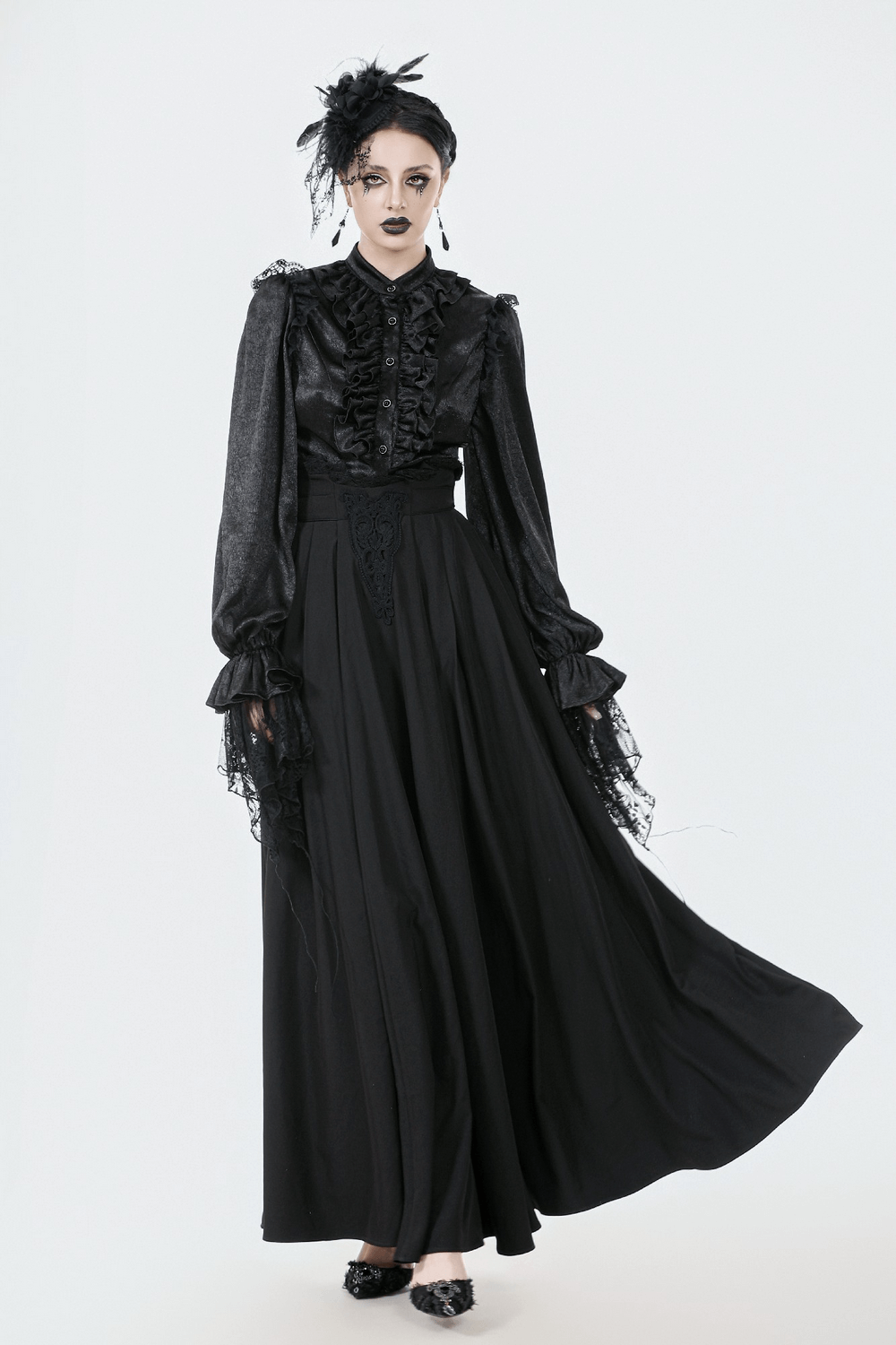 Elegant Black Maxi Skirt with Lace Back and Bow Detail
