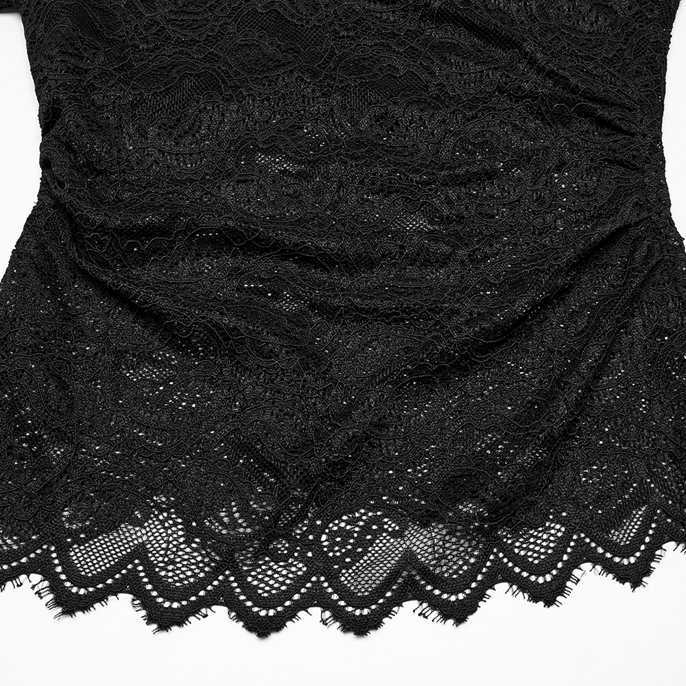 Elegant Black Sheer Lace Blouse with Ruffled Collar