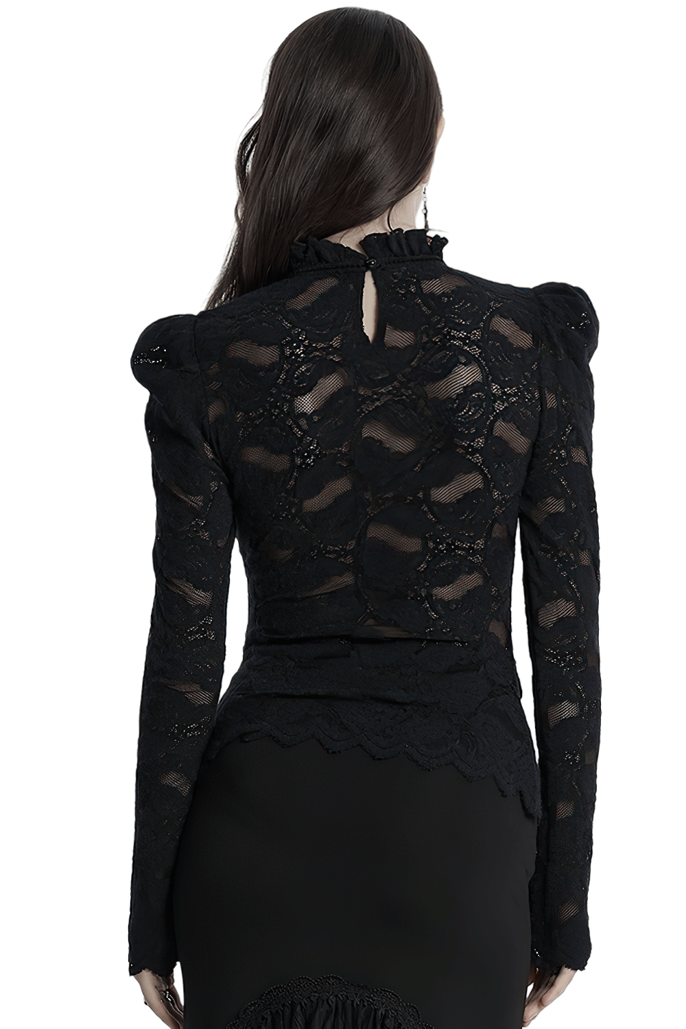 Elegant Black Sheer Lace Blouse with Ruffled Collar