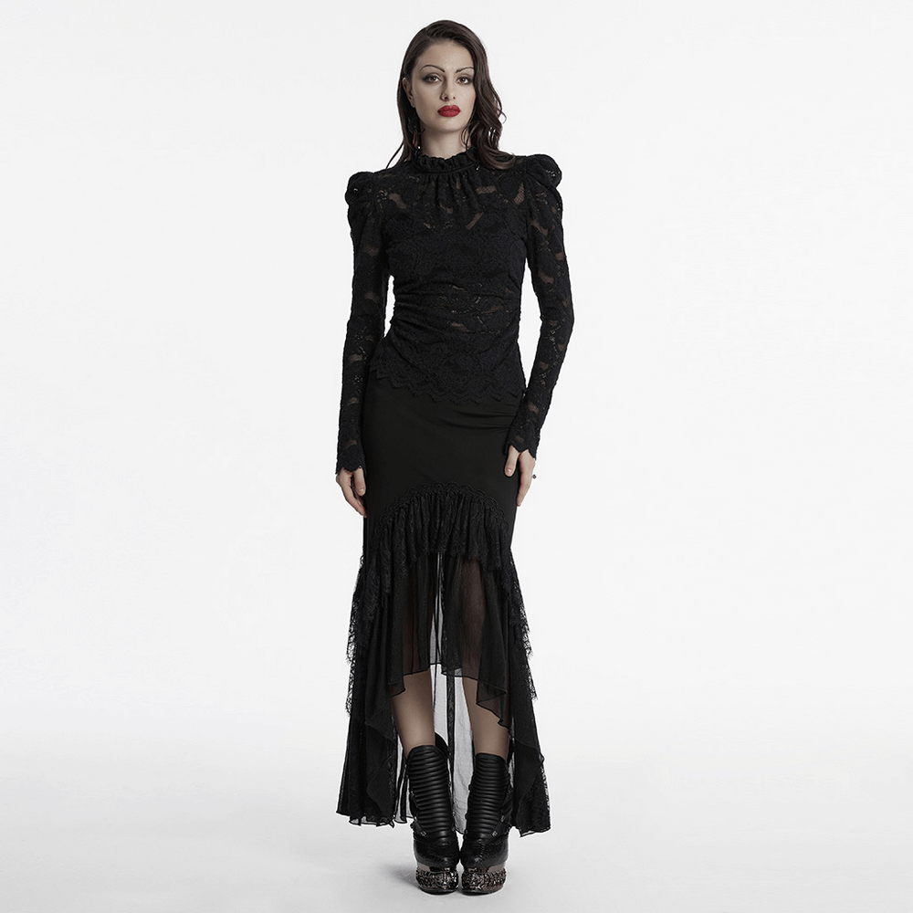 Elegant Black Sheer Lace Blouse with Ruffled Collar
