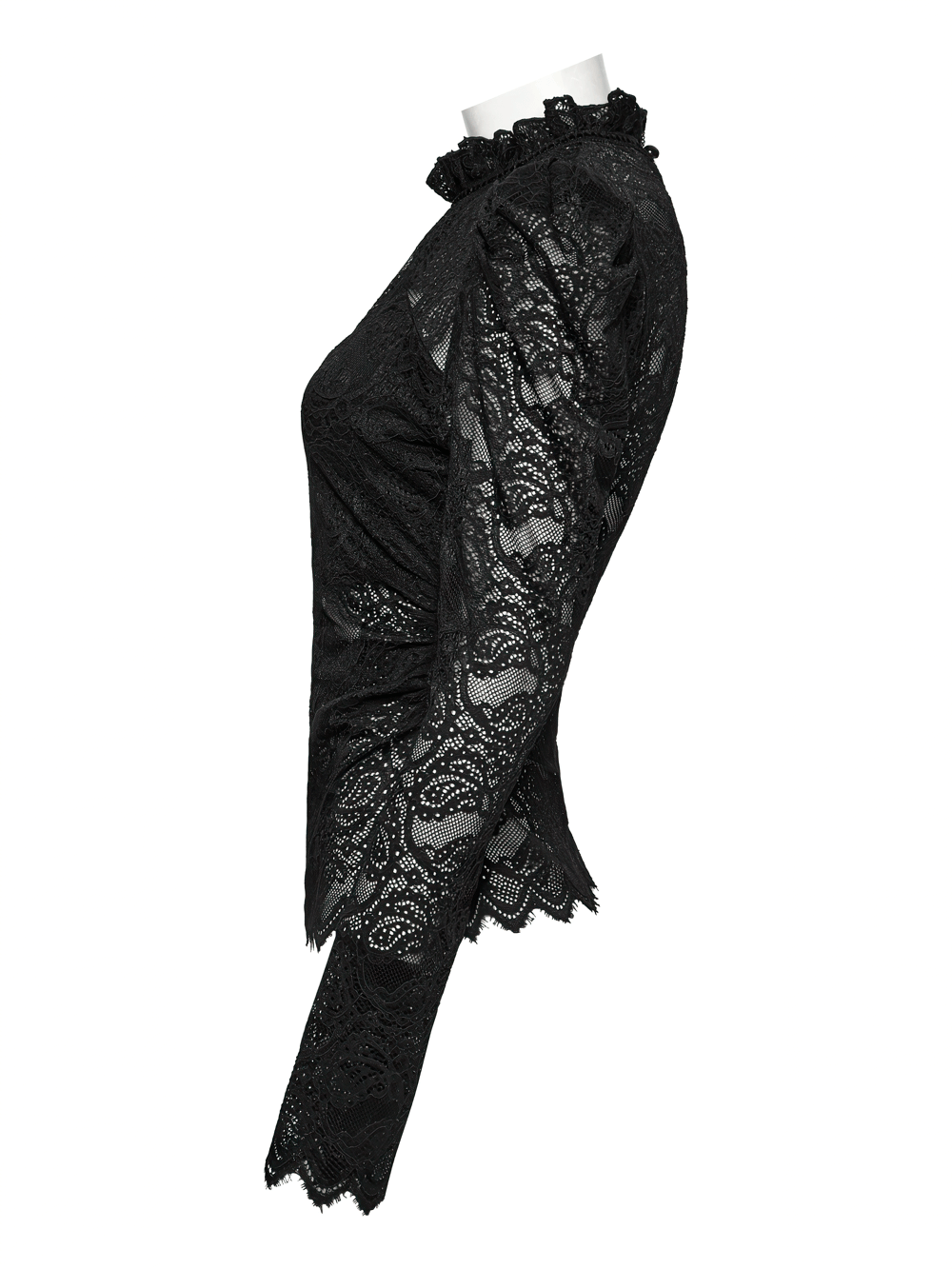 Elegant Black Sheer Lace Blouse with Ruffled Collar