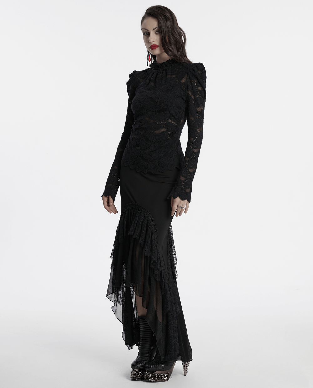 Elegant Black Sheer Lace Blouse with Ruffled Collar