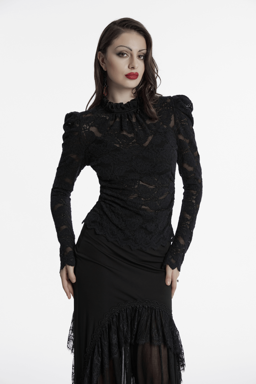 Elegant Black Sheer Lace Blouse with Ruffled Collar