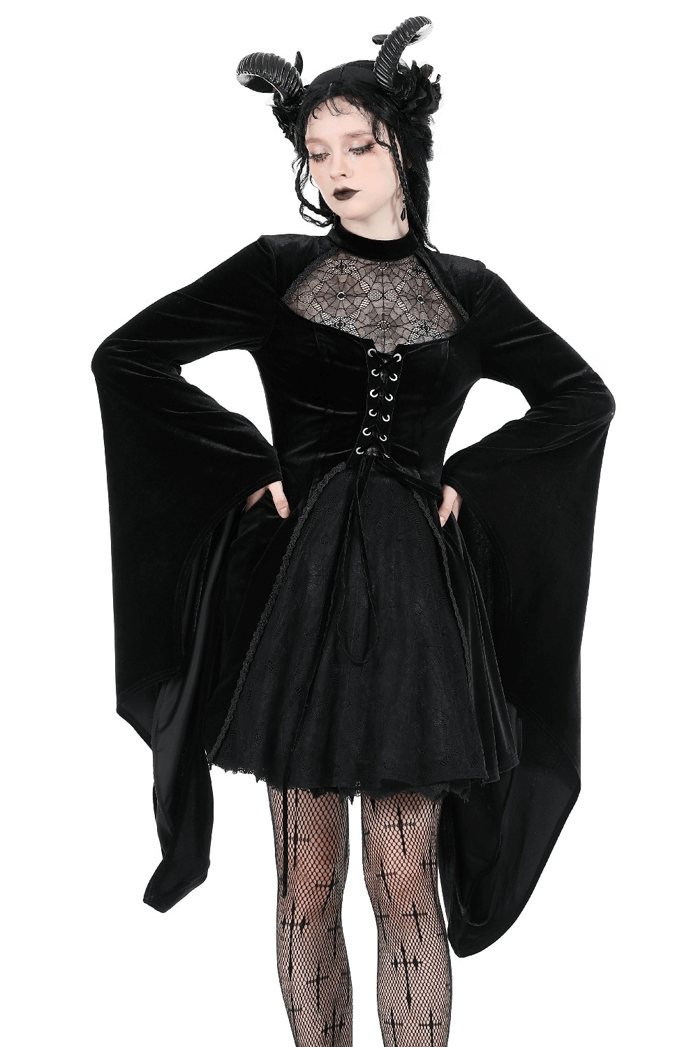 Elegant Black Velvet Lace-Up Gothic Dress for Women