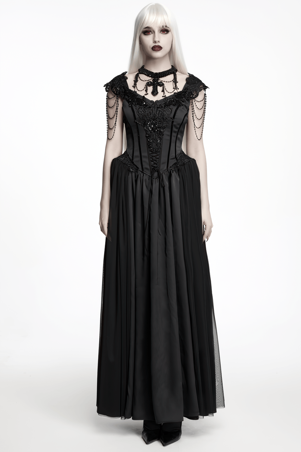 Elegant Black Victorian Gothic Lace Corset Maxi Dress