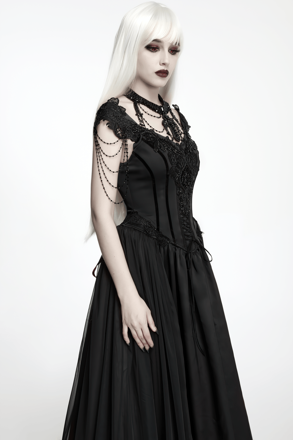 Elegant Black Victorian Gothic Lace Corset Maxi Dress